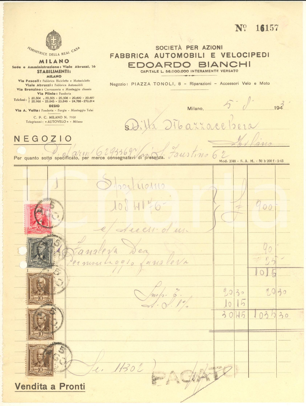 Documento originale, autentico 1943 MILANO Società Edoardo BIANCHI Fabbrica automobili e velocipedi Fattura 1