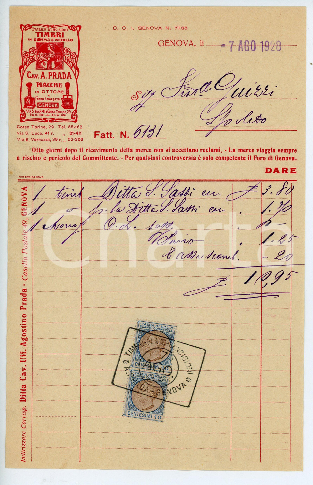 Documento originale, autentico 1928 GENOVA Stabilimento di incisioni Cav. A. PRADA Timbri  Fattura 14x23 1 1