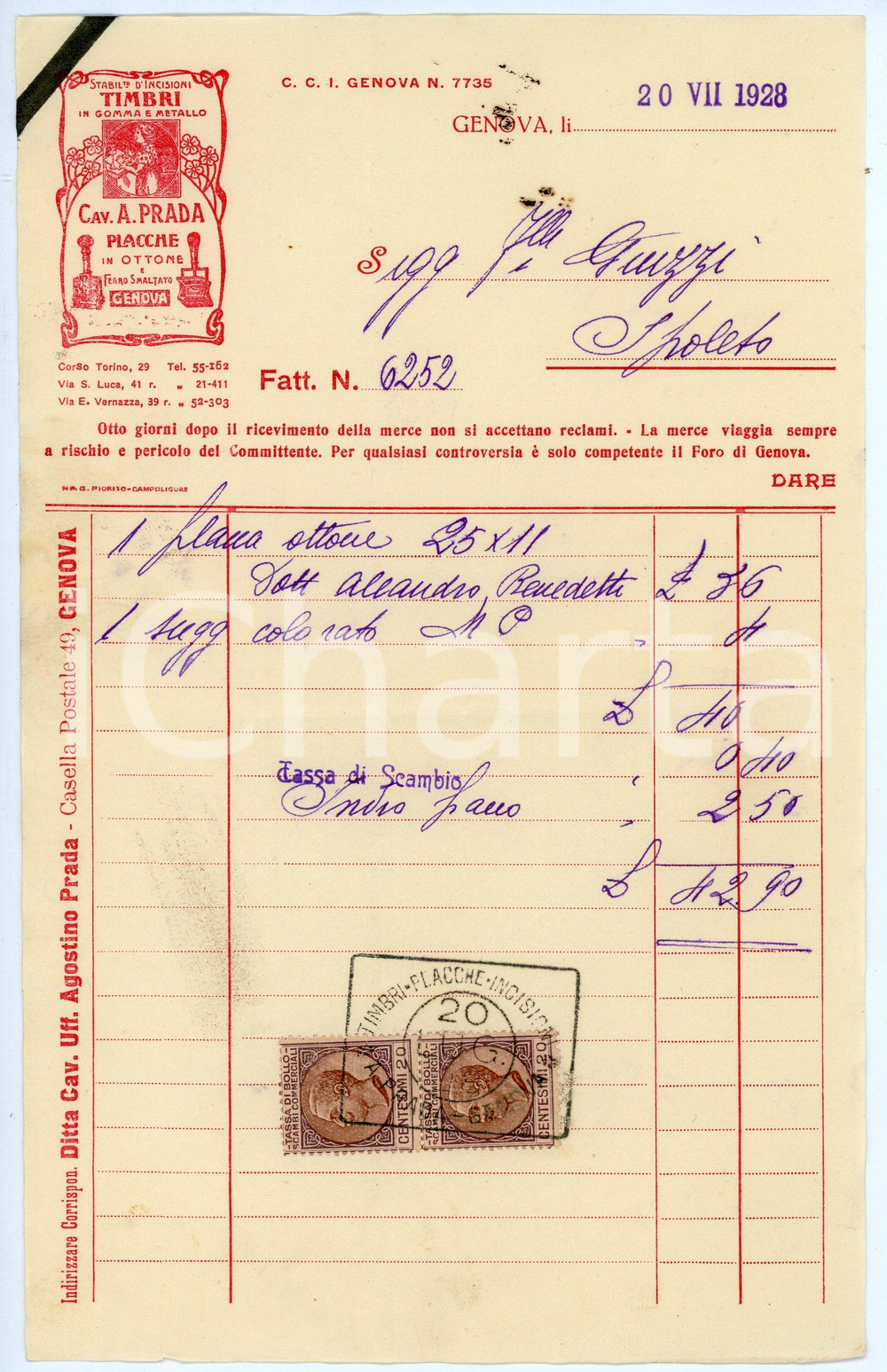 Documento originale, autentico 1928 GENOVA Stabilimento di incisioni Cav. A. PRADA Timbri  Fattura 14x23 2 1