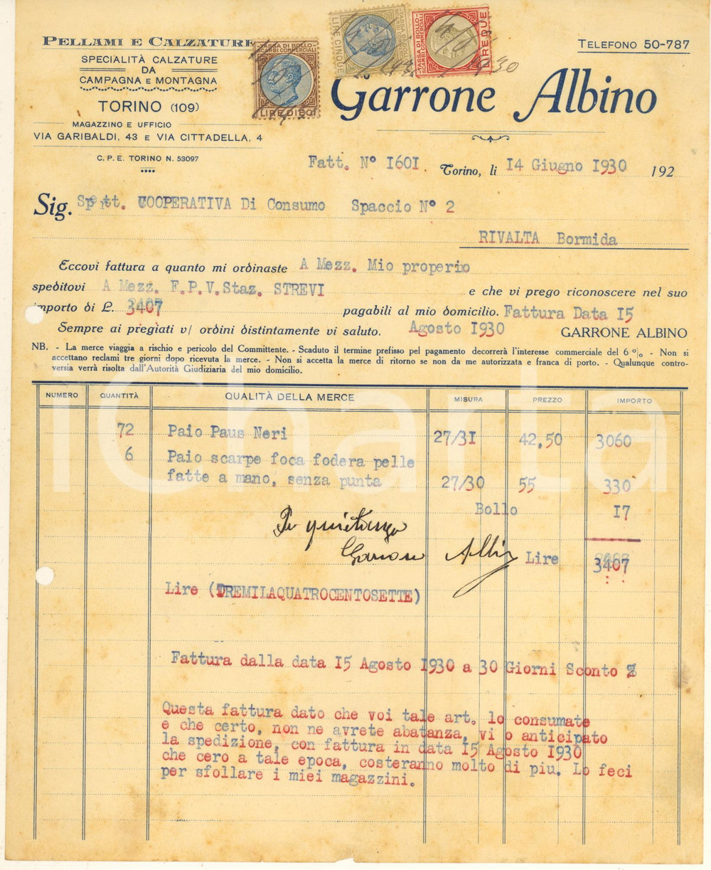 Documento originale, autentico 1930 TORINO Via Garibaldi  GARRONE Albino  Pellami e calzature Fattura 1