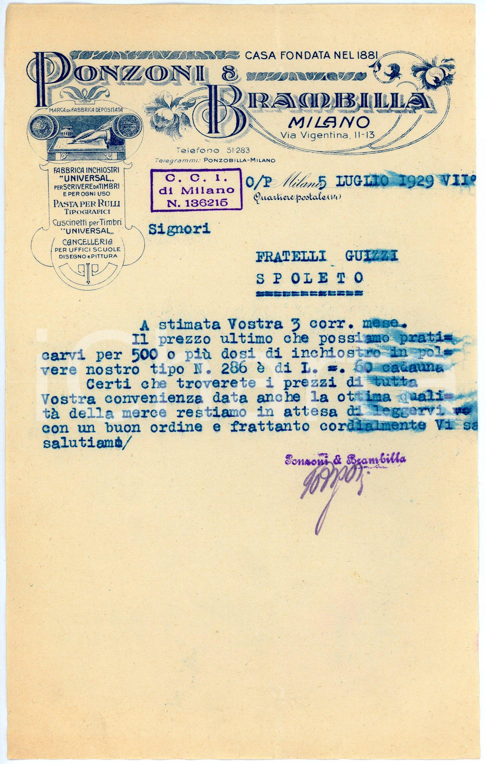 1924 MILANO Ponzoni e Brambilla - Cancelleria - Preventivo inchiostro in polvere Lettera commerciale d'epoca. CONDIZIONI:FAIR/discreto Piegature centrali d'epoca, sbavature di inchiostroFORMATO: 13x22 cm originale e autentica 1