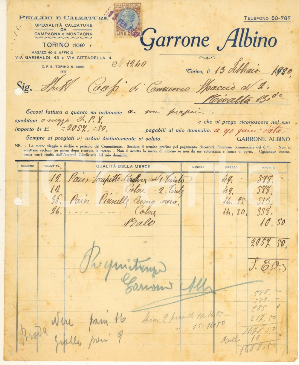 Documento originale, autentico 1930 TORINO Via Garibaldi 43  GARRONE Albino  Pellami e calzature Fattura 1