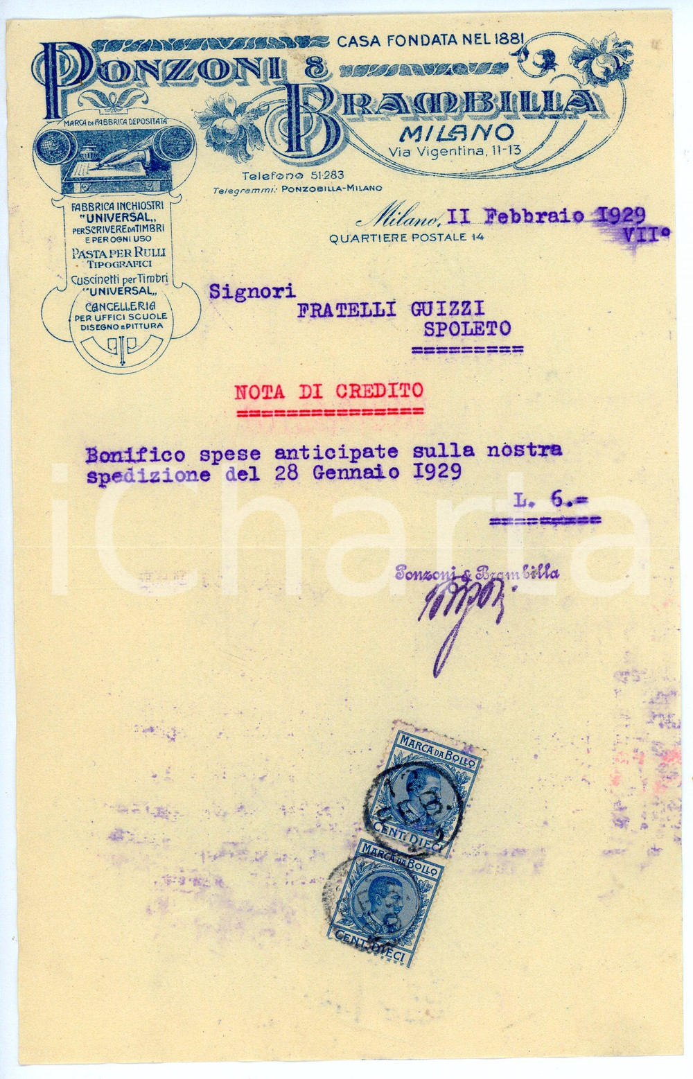 1924 MILANO Ponzoni e Brambilla - Articoli di cancelleria - Nota di credito Lettera commerciale d'epoca. CONDIZIONI:FAIR/discreto Piegature centrali d'epoca, sbavature di inchiostroFORMATO: 13x22 cm originale e autentica 1