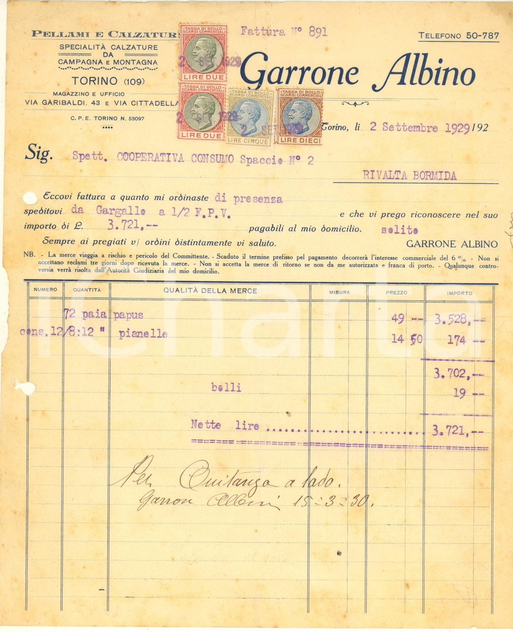 Documento originale, autentico 1929 TORINO Via Garibaldi 43  GARRONE Albino  Pellami e calzature Fattura 1