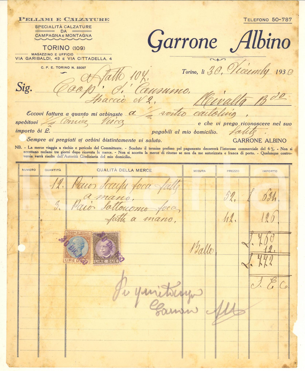 Documento originale, autentico 1929 TORINO Via Garibaldi 43  GARRONE Albino  Pellami e calzature Fattura 1