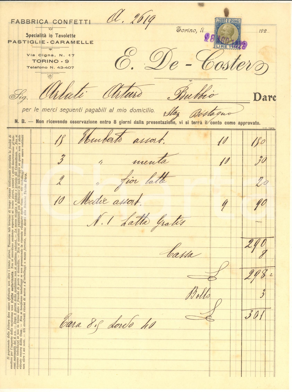 Documento originale, autentico 1928 TORINO Via Cigna 17  E. DE COSTER Fabbrica confetti  Fattura 1