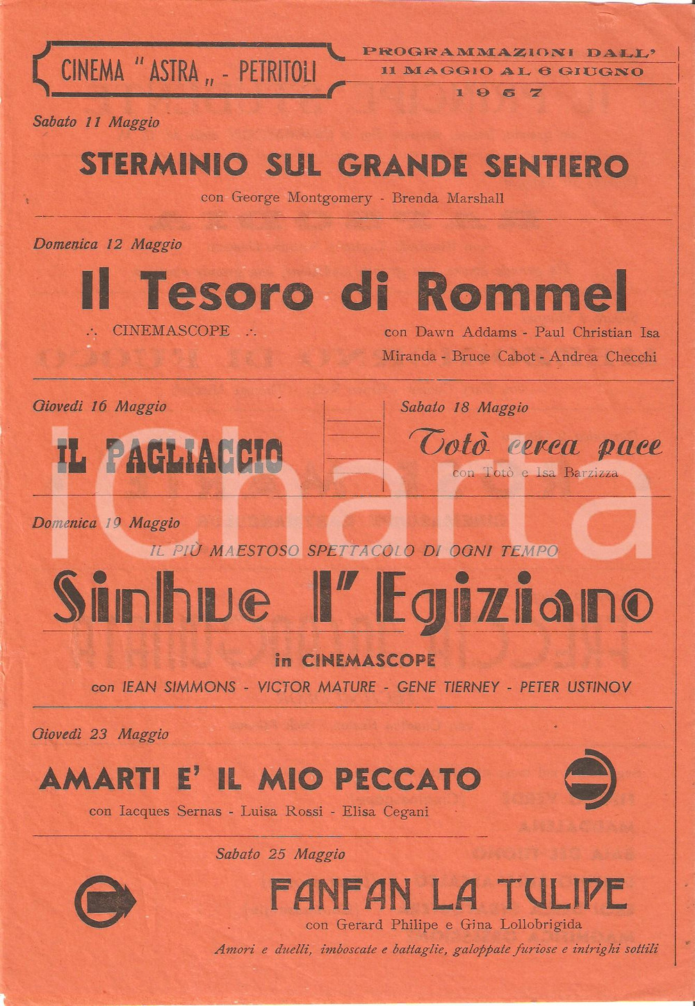 Materiale pubblicitario d’epoca 1957 PETRITOLI Cinema ASTRA Volantino programmazione TOTO  CERCA PACE 1