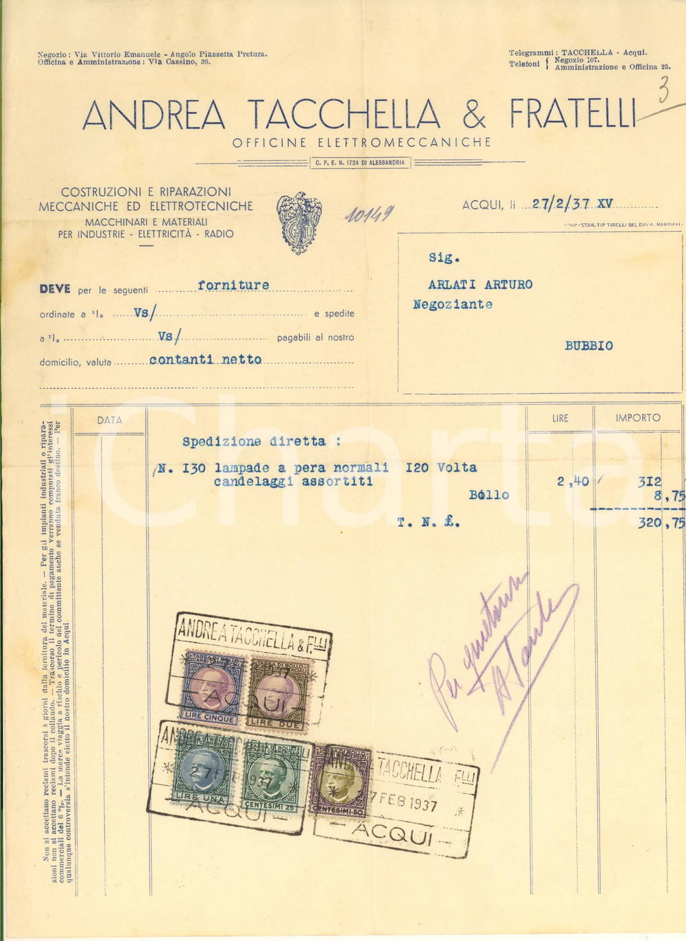 Documento originale, autentico 1937 ACQUI TERME Andrea TACCHELLA & Fratelli  Officina Fattura 1