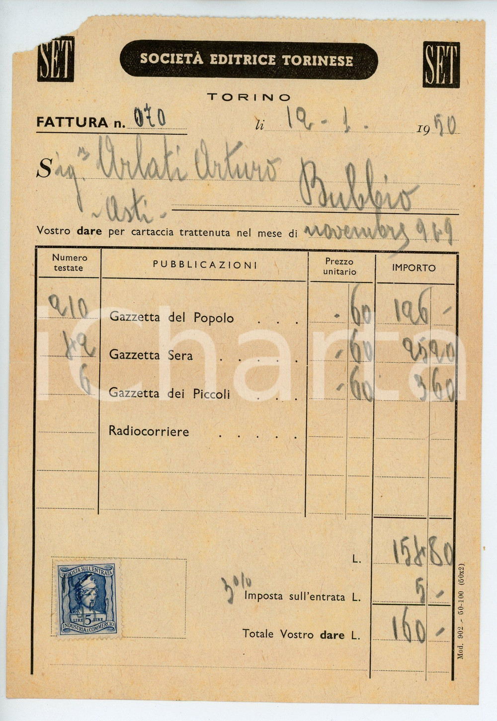 Documento originale, autentico 1950 TORINO  SET Società Editrice Torinese  Fattura per GAZZETTA DEL POPOLO 1