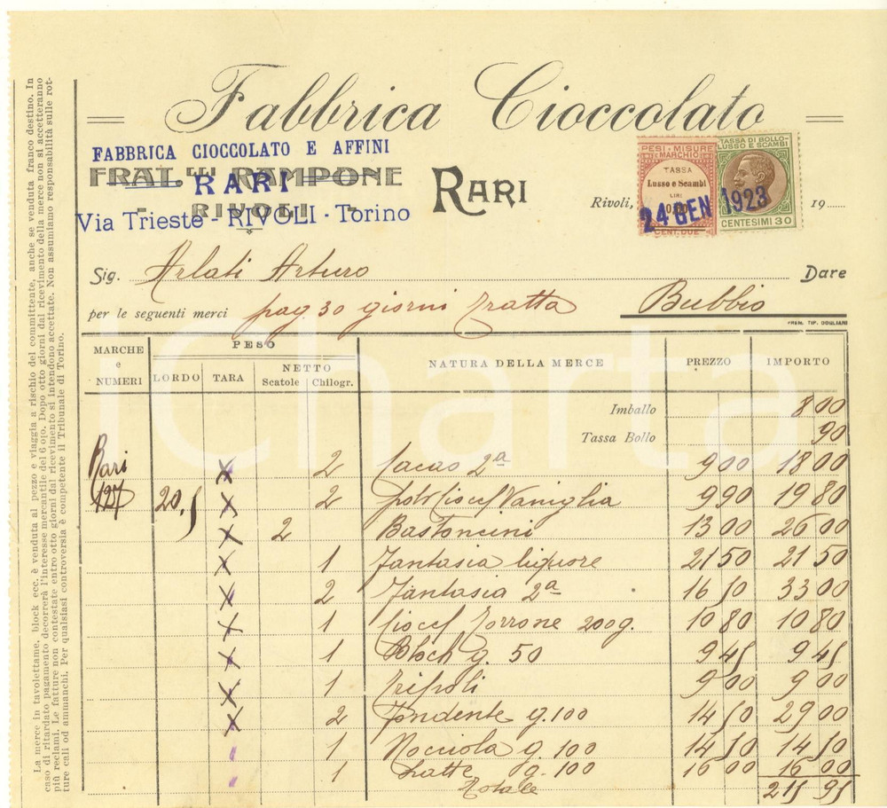 Documento originale, autentico 1923 RIVOLI TO Fabbrica Cioccolato RARI Fattura intestata 1