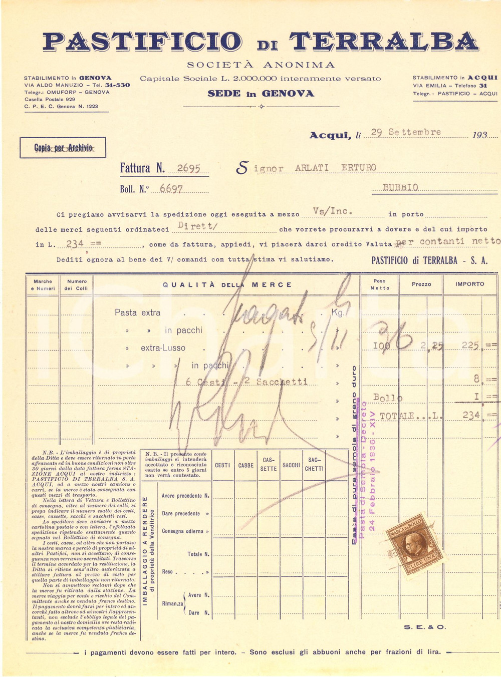 Documento originale, autentico 1936 ACQUI TERME Pastificio di TERRALBA  Fattura intestata 1