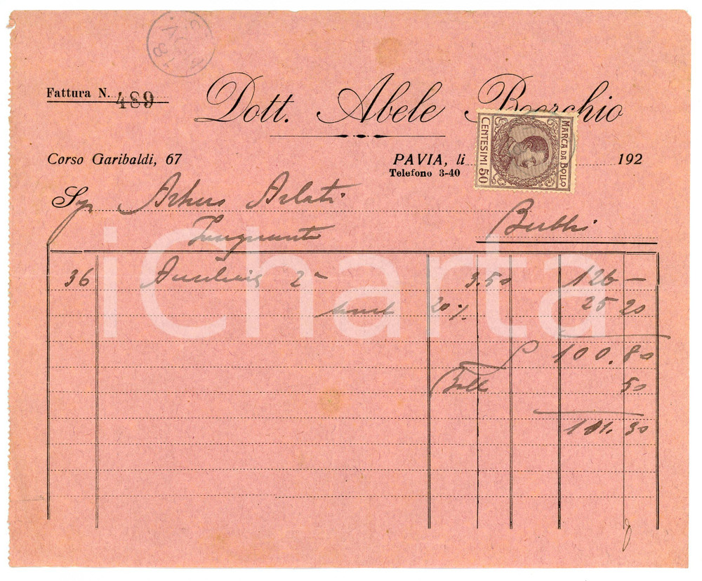 1920 ca PAVIA Dott. Abele BOERCHIO Fattura 20x16 cm Fattura d'epoca. CONDIZIONI:FAIR/discreto Piegature centrali d'epoca, lievi bruniture, piegatura all'angolo inferiore sinistroFORMATO: 20x16  cm originale e autentica 1