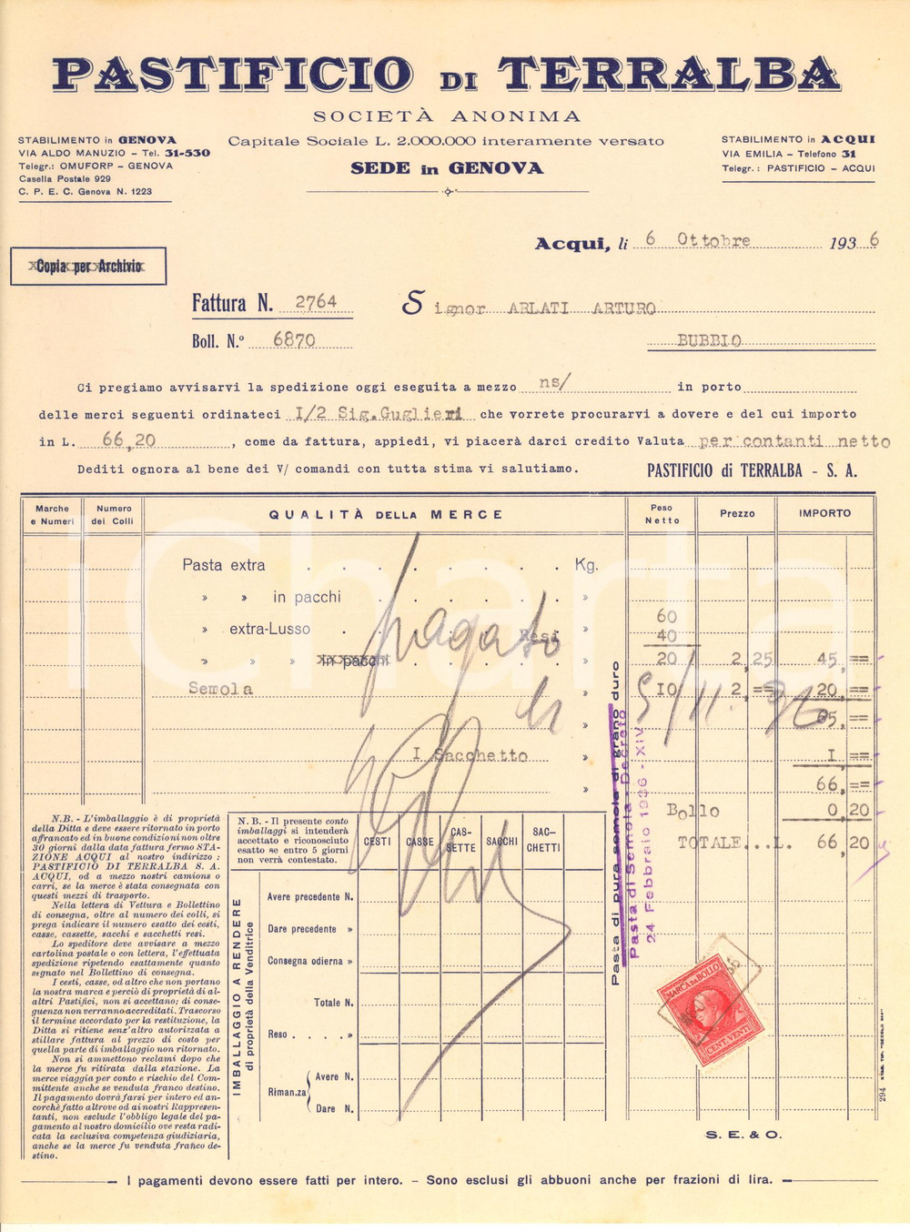 Documento originale, autentico 1936 ACQUI TERME AL Pastificio di TERRALBA  Fattura intestata 1