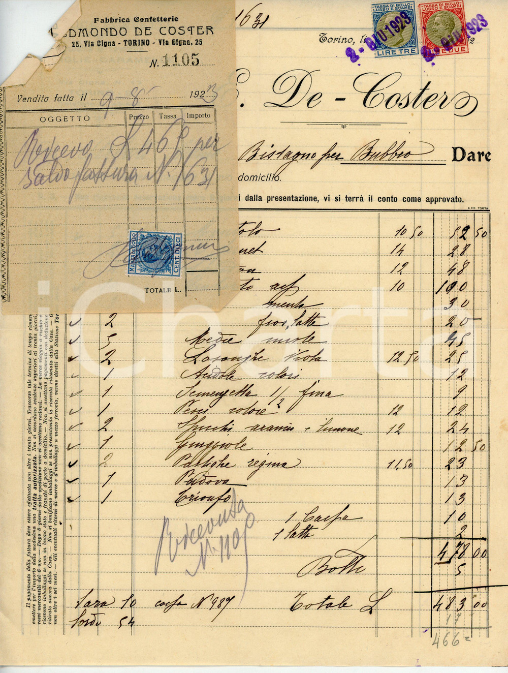 Documento originale, autentico 1923 TORINO  E. DE COSTER Fabbrica confetti  Fattura 22x28 cm 1