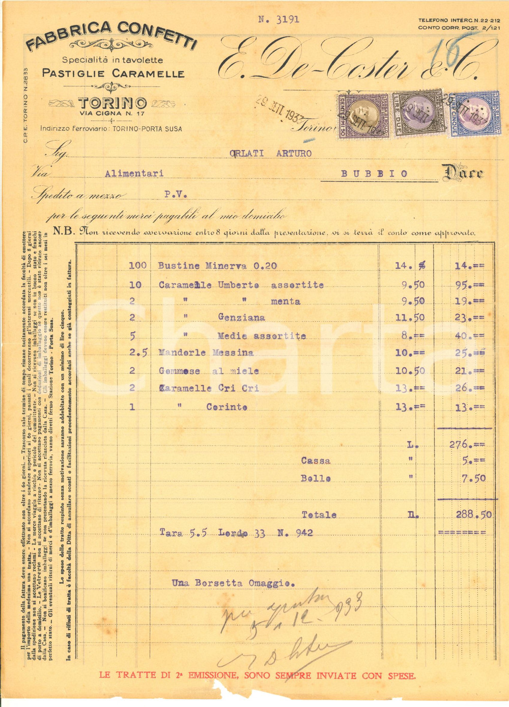 Documento originale, autentico 1933 TORINO Via Cigna 17  E. DE COSTER Fabbrica confetti  Fattura 1