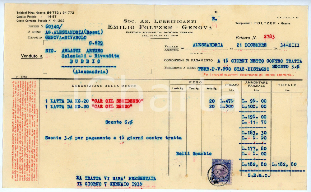 Documento originale, autentico 1934 GENOVA Soc. An. Lubrificanti Emilio FOLTZER Fattura per latte CAR OIL 1