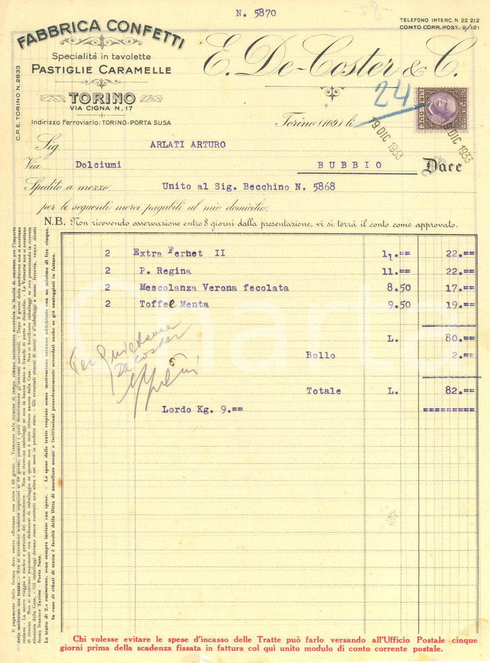Documento originale, autentico 1933 TORINO Via Cigna 17  E. DE COSTER Confetti e caramelle  Fattura 1