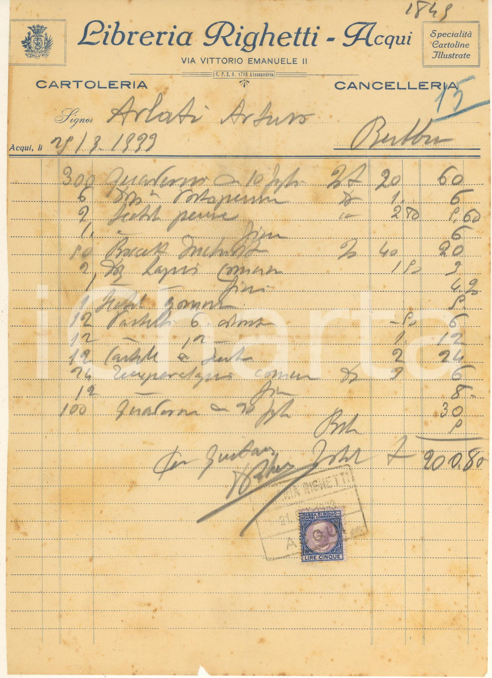 Documento originale, autentico 1933 ACQUI TERME Libreria RIGHETTI  Cartoleria e cancelleria  Fattura 1