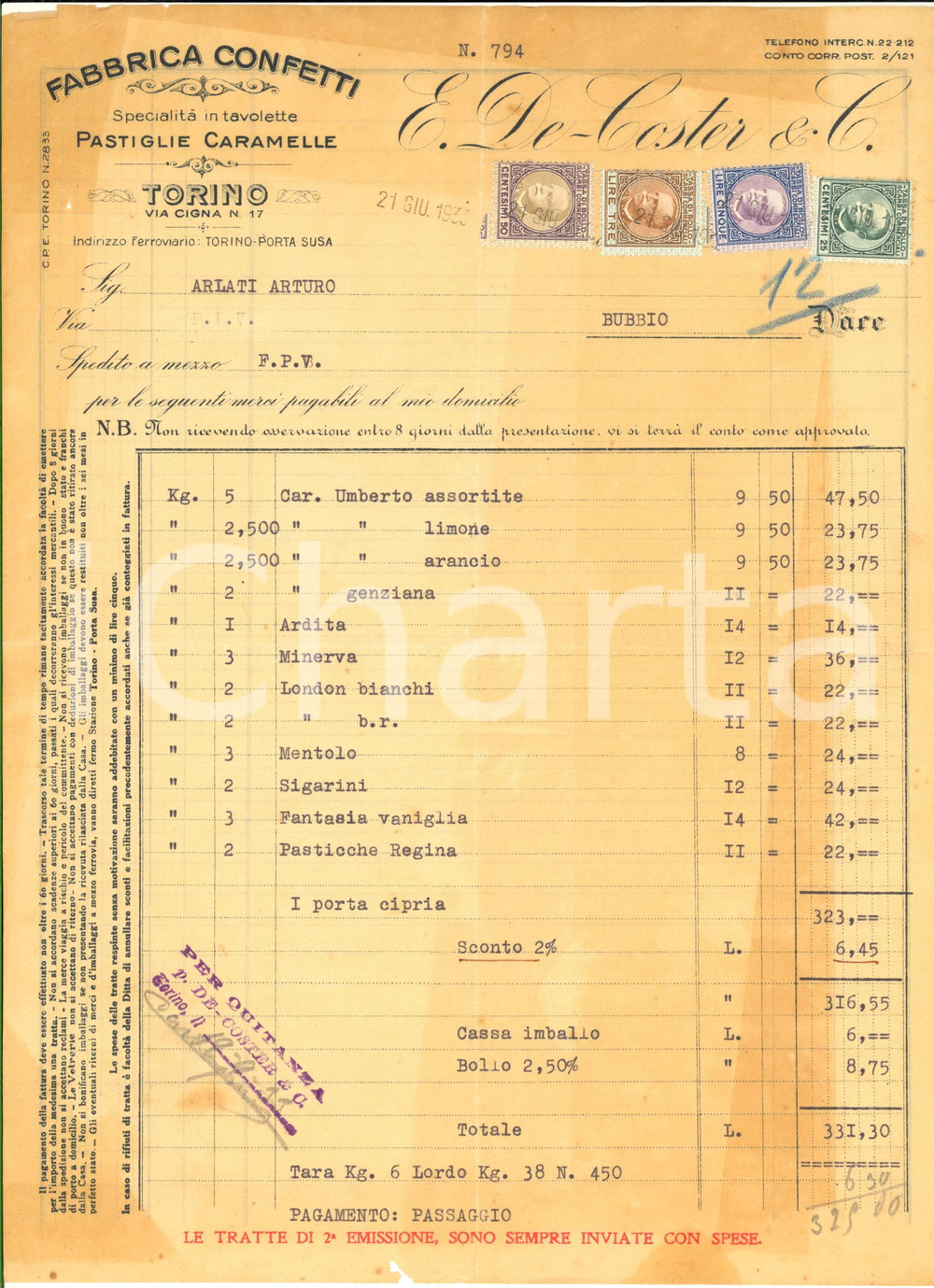 Documento originale, autentico 1933 TORINO Via Cigna 17  E. DE COSTER Confetti e caramelle  Fattura intestata 1