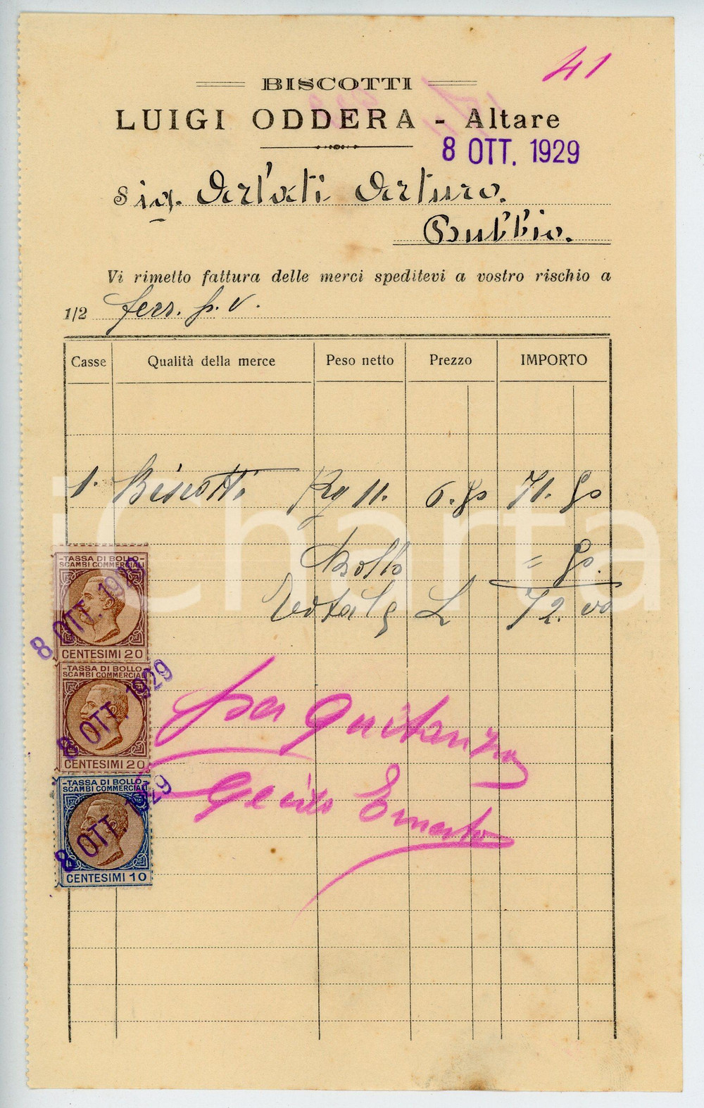 Documento originale, autentico 1929 ALTARE Biscottificio Luigi ODDERA Fattura per biscotti  13x22 cm 1
