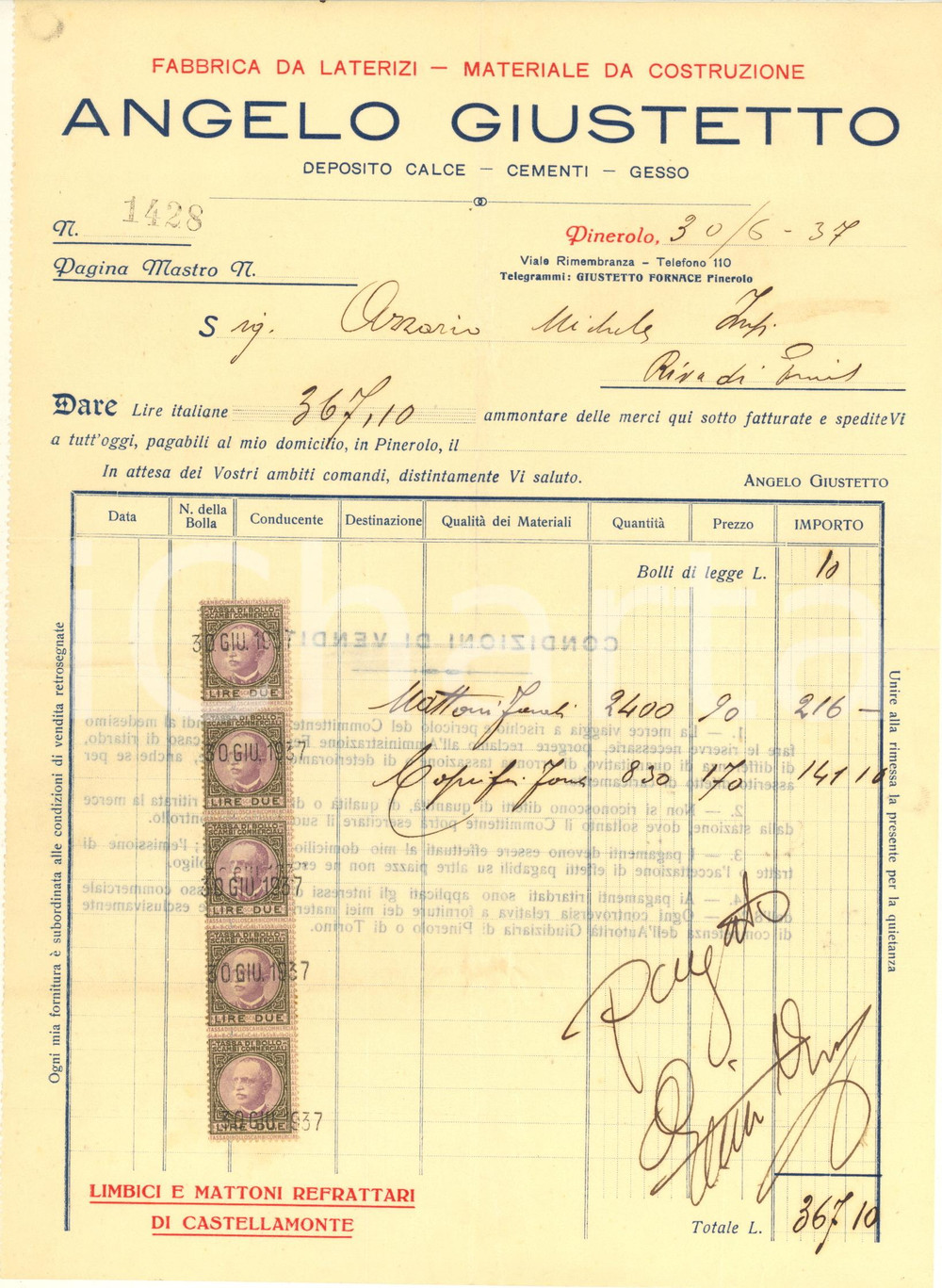 Documento originale, autentico 1937 PINEROLO TO Angelo GIUSTETTO Fabbrica da laterizi  Fattura intestata 1