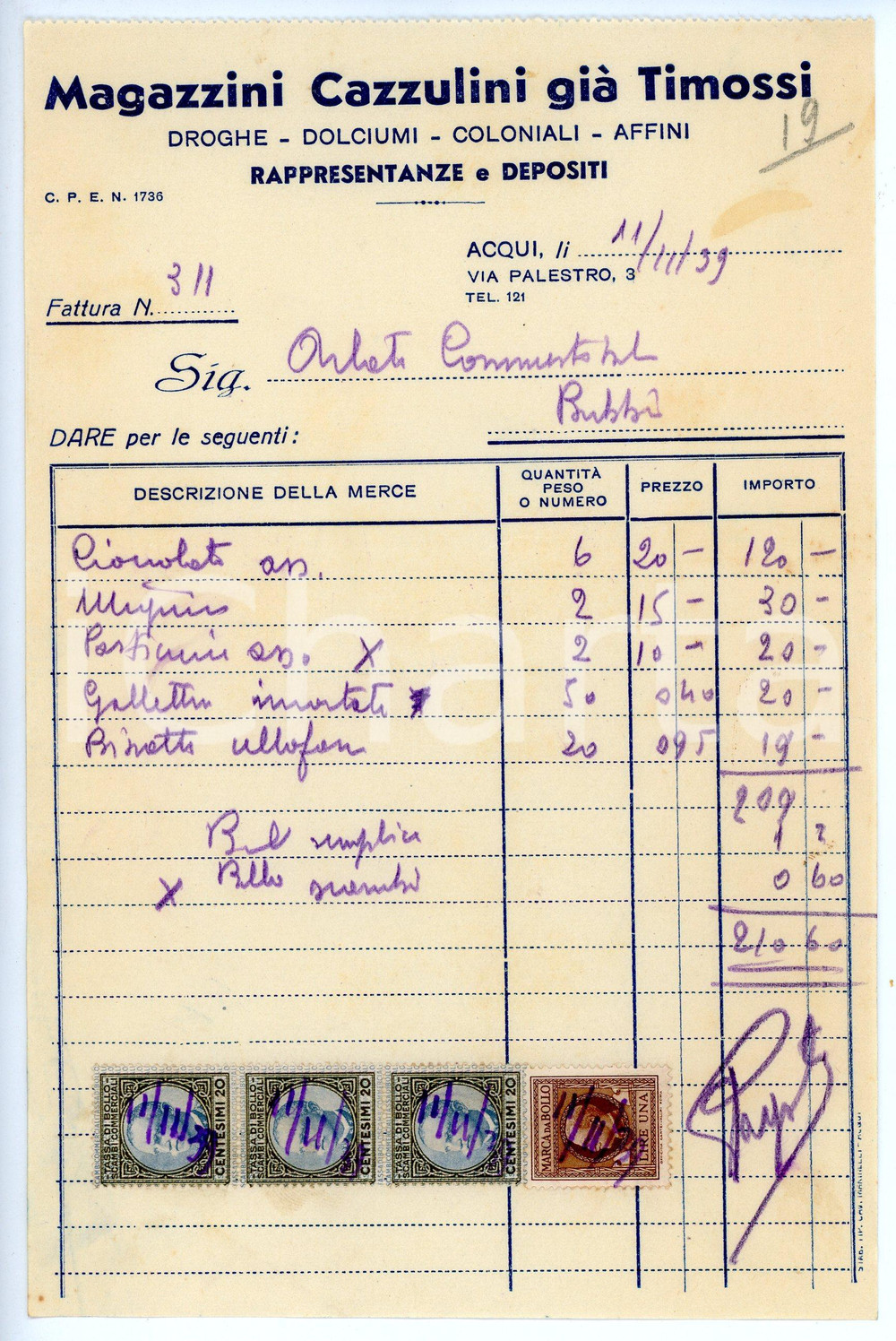 Documento originale, autentico 1939 ACQUI TERME Magazzini CAZZULINI già TIMOSSI Fattura per cioccolato 14x21 cm 1