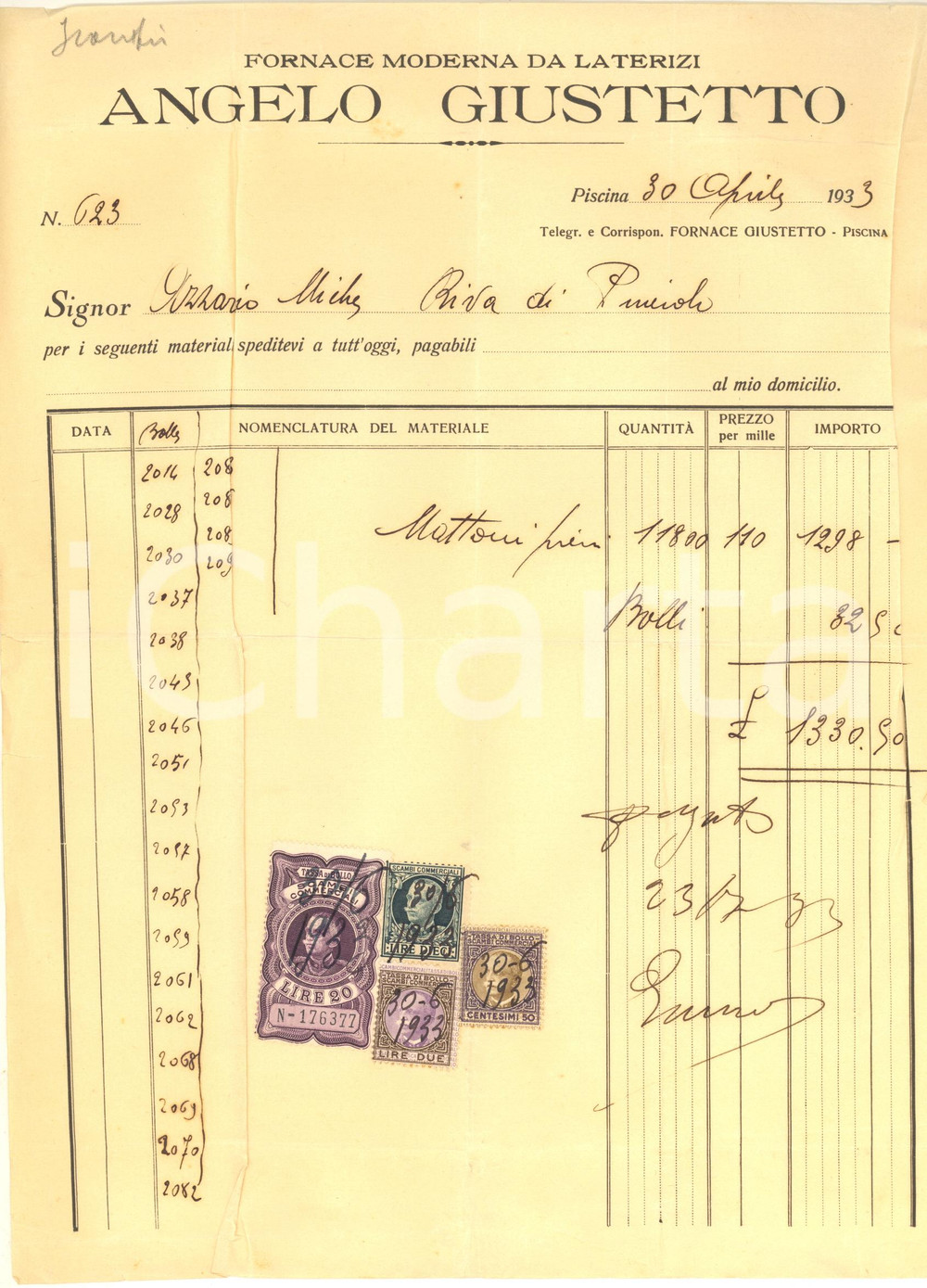 Documento originale, autentico 1933 PISCINA TO Angelo GIUSTETTO Fornace moderna da laterizi  Fattura 1