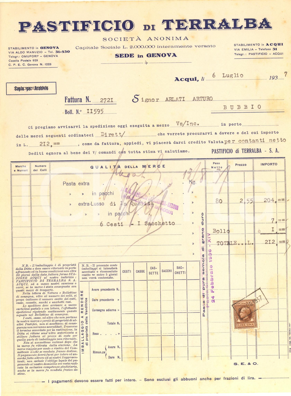 Documento originale, autentico 1937 ACQUI TERME AL Pastificio di TERRALBA  Fattura intestata 1