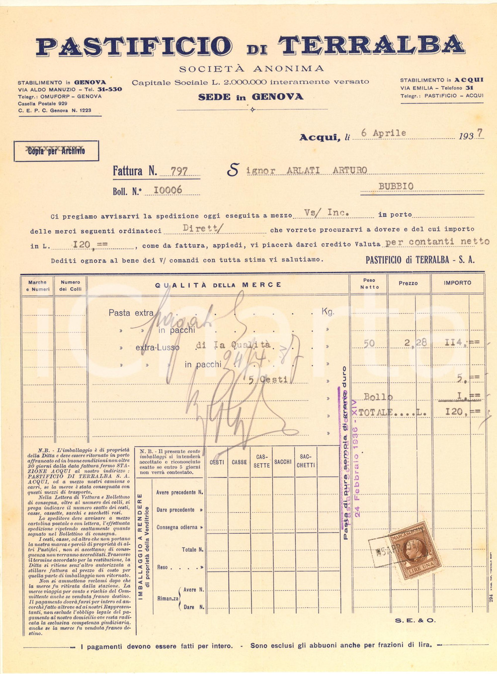 Documento originale, autentico 1937 ACQUI TERME AL Pastificio di TERRALBA  Pasta extra Fattura intestata 1