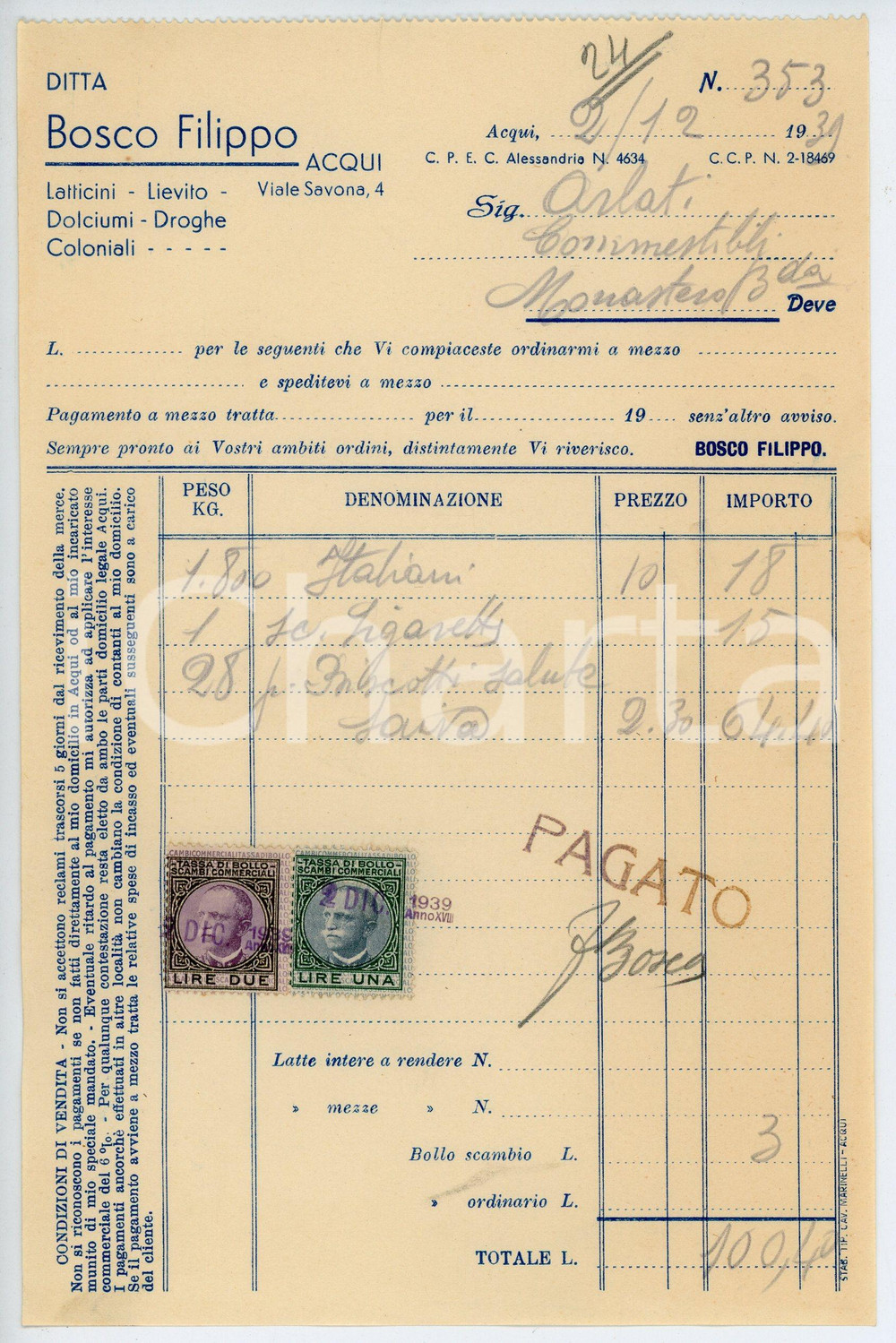 Documento originale, autentico 1939 ACQUI TERME Ditta Filippo BOSCO Fattura per biscotti e cioccolato 13x20 cm 1