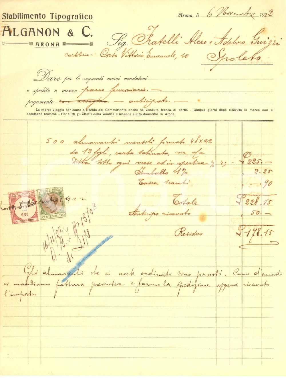 Documento originale, autentico 1922 ARONA Stabilimento Tipografico ALGANON & C. Fattura almanacchi 1
