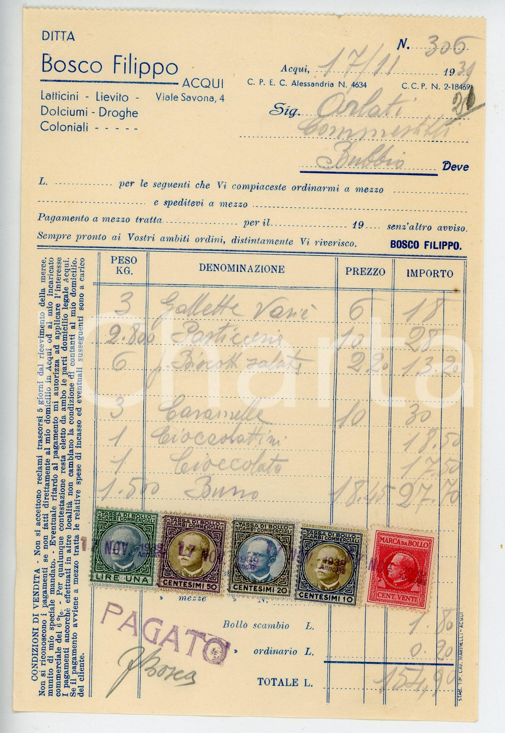 Documento originale, autentico 1939 ACQUI TERME Ditta Filippo BOSCO Fattura per biscotti e cioccolato 1 1