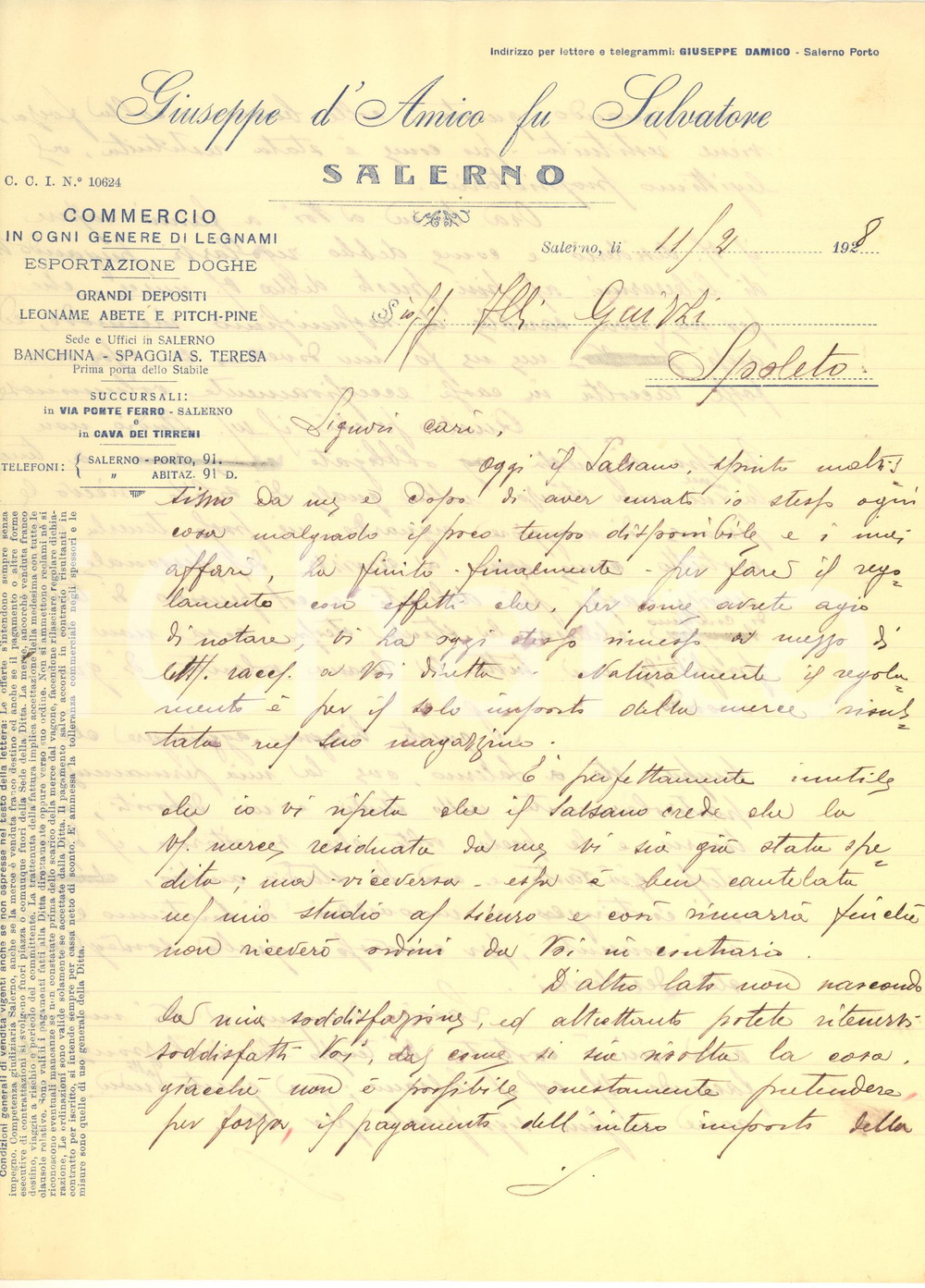 Documento originale, autentico 1928 SALERNO Giuseppe D AMICO  Commercio legnami  Lettera merce restituita 1