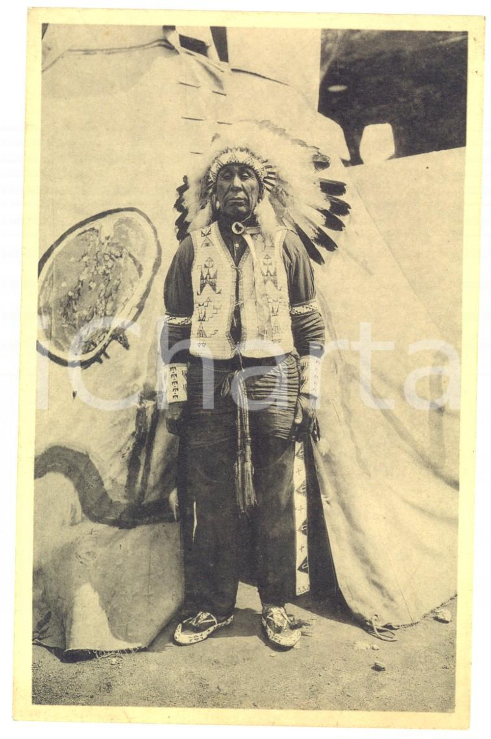 Cartolina originale da collezione 1935 EXPO BRUSSELS American Indian Village  Real SIOUX  Chief  Postcard 2 1