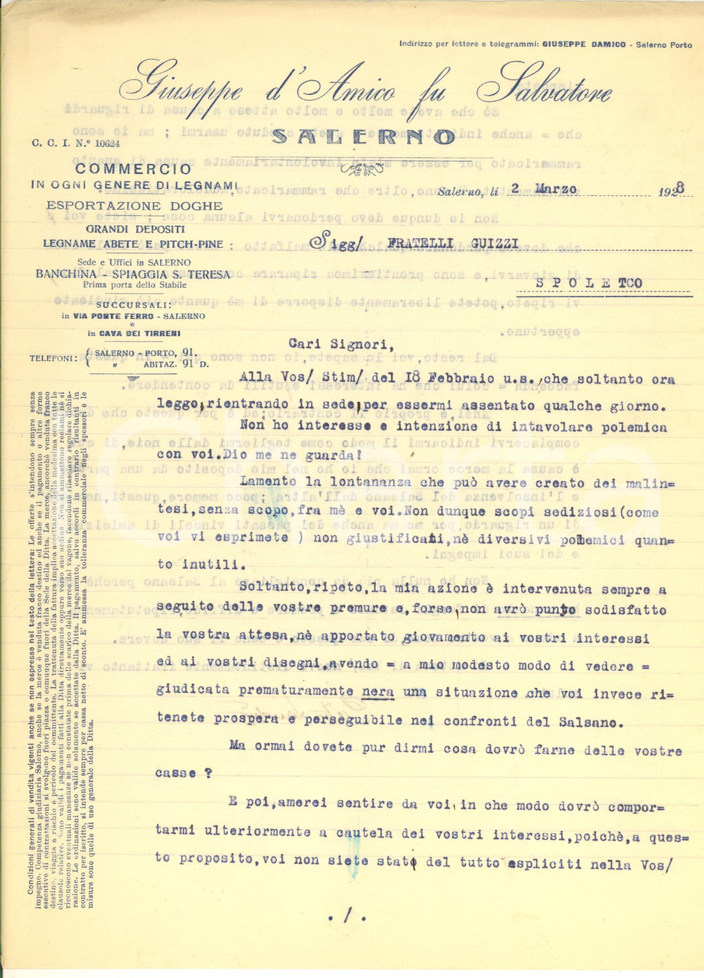 Documento originale, autentico 1928 SALERNO Giuseppe D AMICO  Commercio legnami  Lettera per insolvenza 1