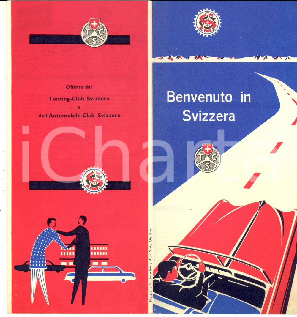 Materiale pubblicitario d’epoca 1940 ca AUTOMOBILE CLUB Benvenuto in SVIZZERA   Pieghevole ILLUSTRATO 1