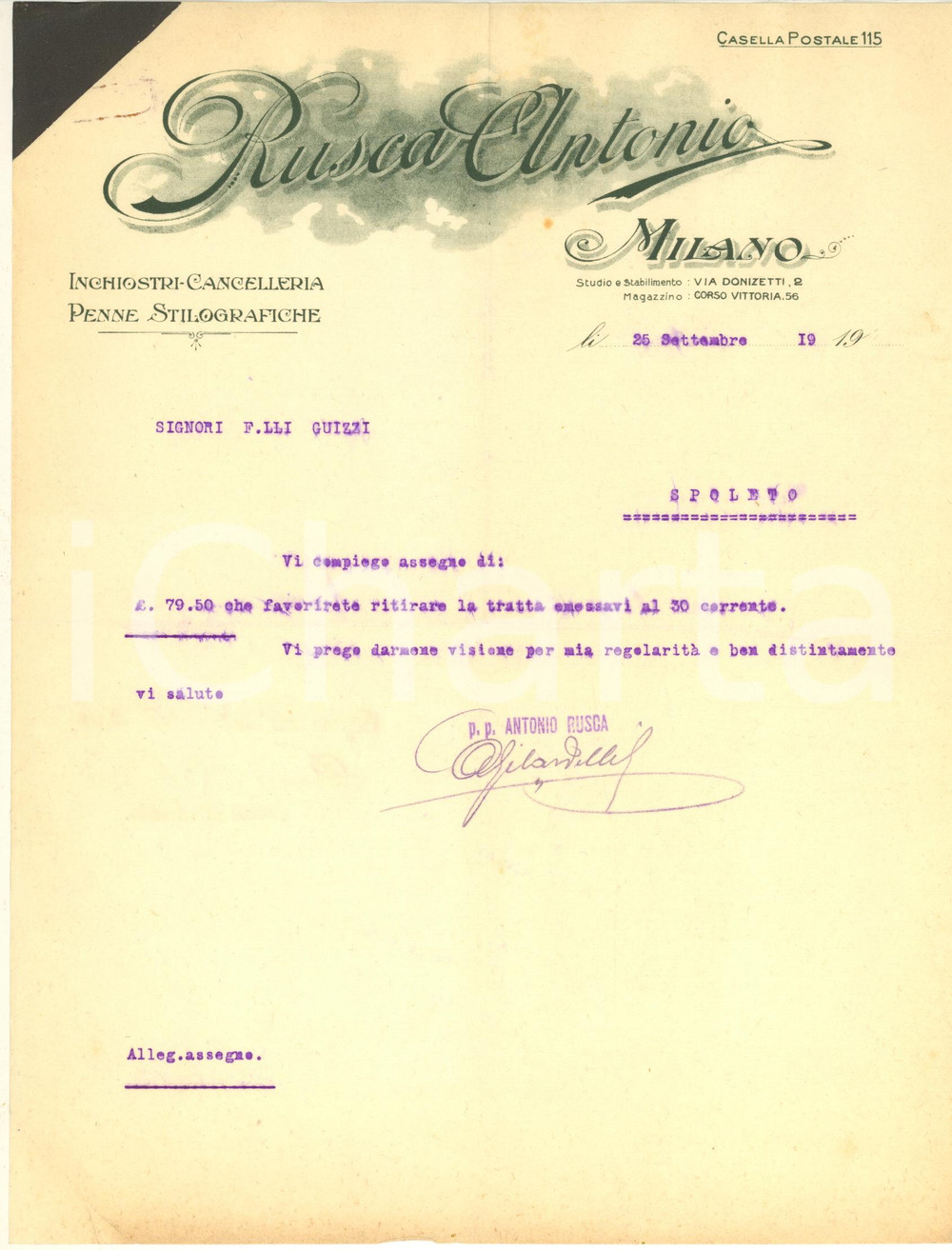 Documento originale, autentico 1919 MILANO Via Donizetti  Antonio RUSCO inchiostri Lettera commerciale 1