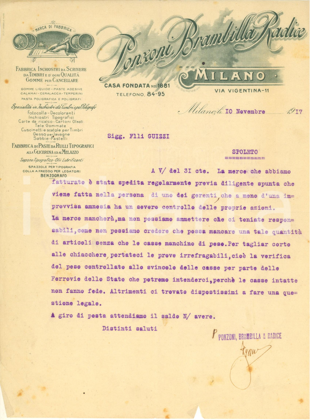 Manoscritto, lettera originale 1917 MILANO Ditta PONZONI BRAMBILLA RADICE Inchiostri Lettera commerciale 1