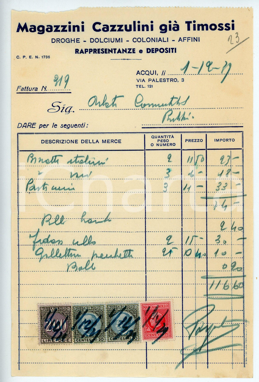 Documento originale, autentico 1939 ACQUI TERME Magazzini CAZZULINI già TIMOSSI Fattura per pasticcini 14x21 cm 1