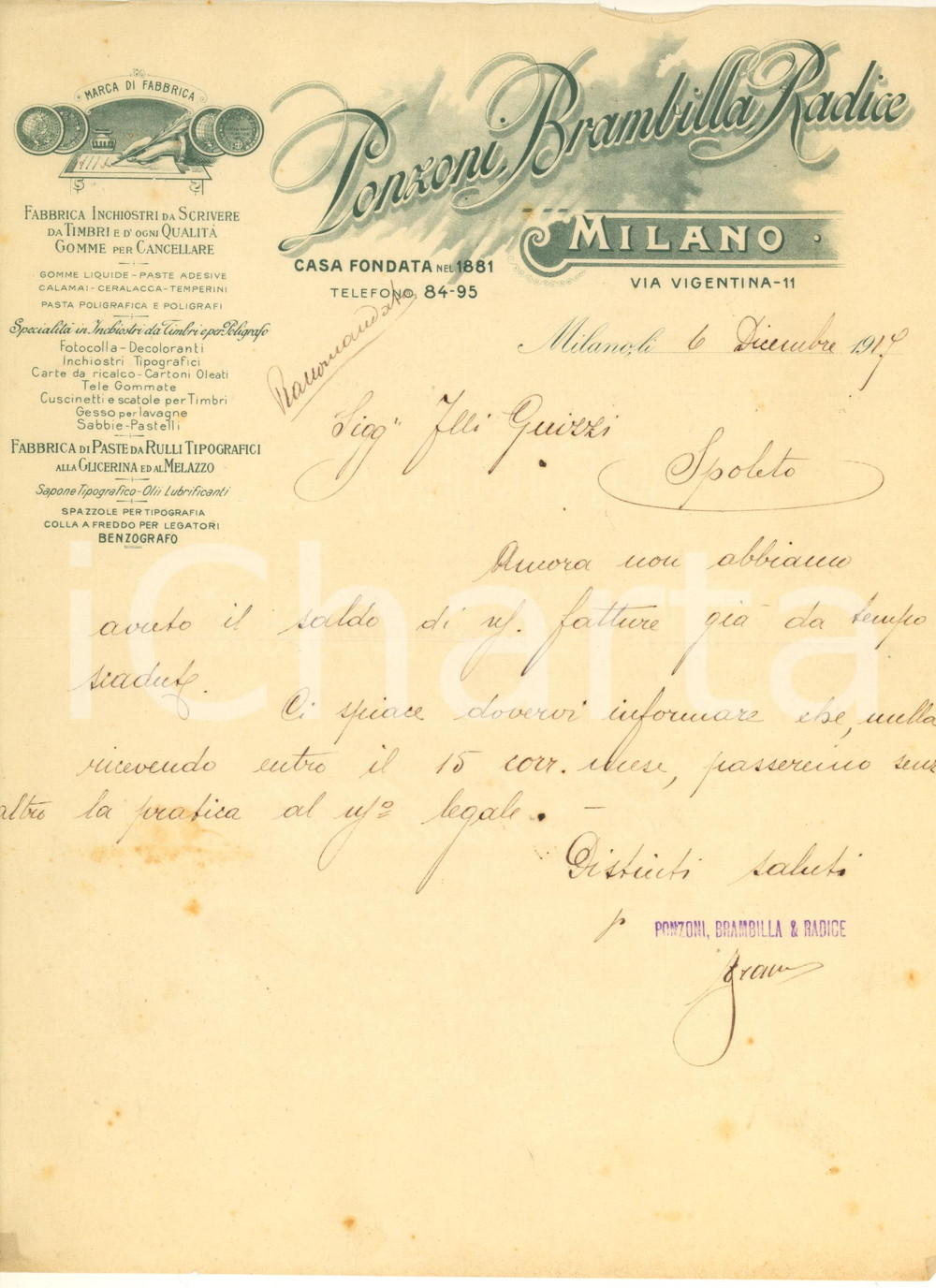 Manoscritto, lettera originale 1917 MILANO Via Vigentina 11  PONZONI BRAMBILLA RADICE Inchiostri Lettera 1