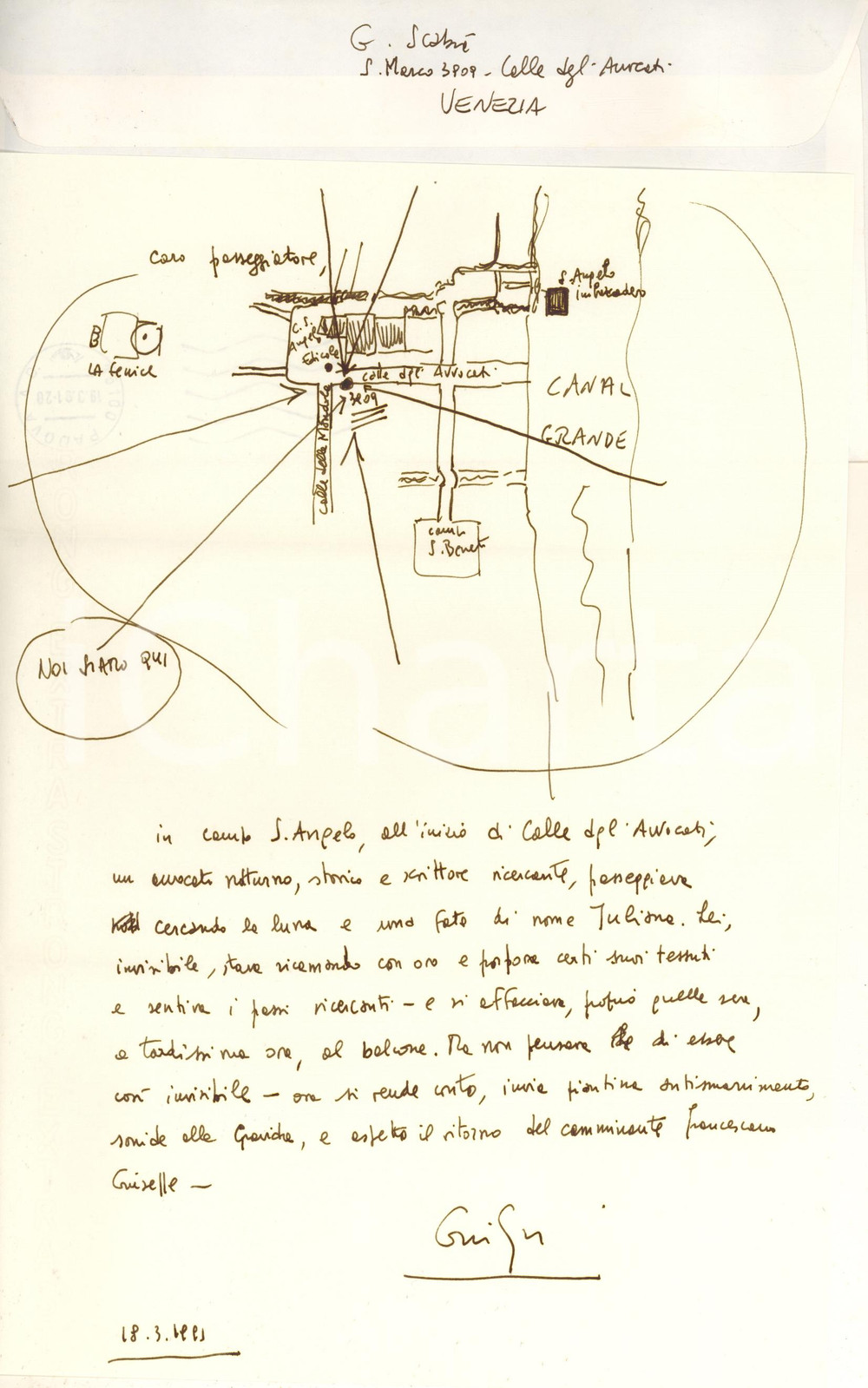 Autografo originale 1991 VENEZIA Giuliano SCABIA a un amico a passeggio AUTOGRAFO con disegno 1