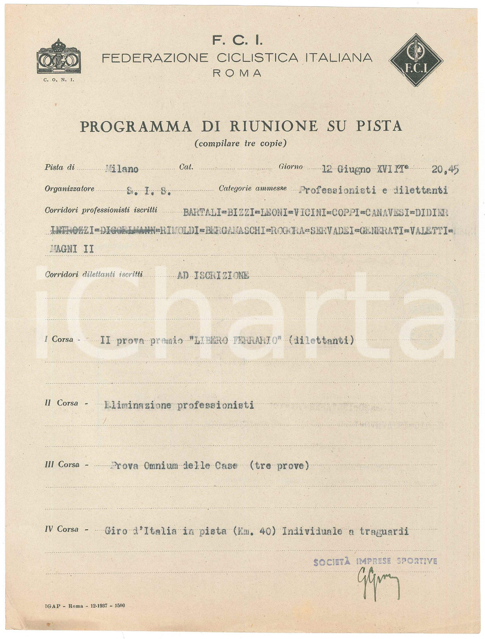 Documento originale, autentico 1940 CICLISMO  MILANO Programma di riunione su pista  Gara SIS  21x29 cm 1