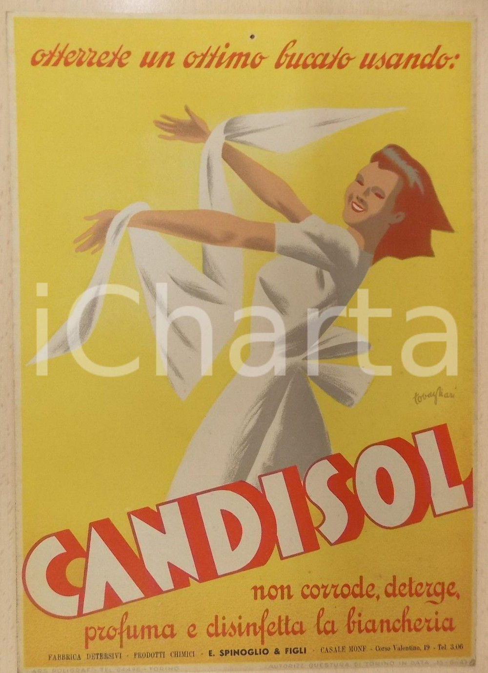 Materiale pubblicitario d’epoca 1947 CASALE MONFERRATO Detersivi SPINOGLIO  CANDISOL Ill. TOVAGLIARI Pannello 1