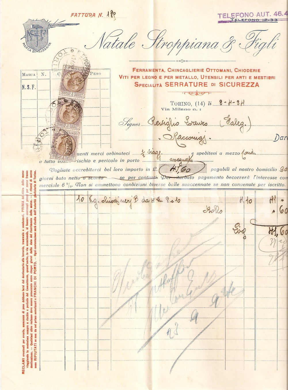Documento originale, autentico 1924 TORINO Natale STROPPIANA & FIGLI Serrature di sicurezza Fattura 1