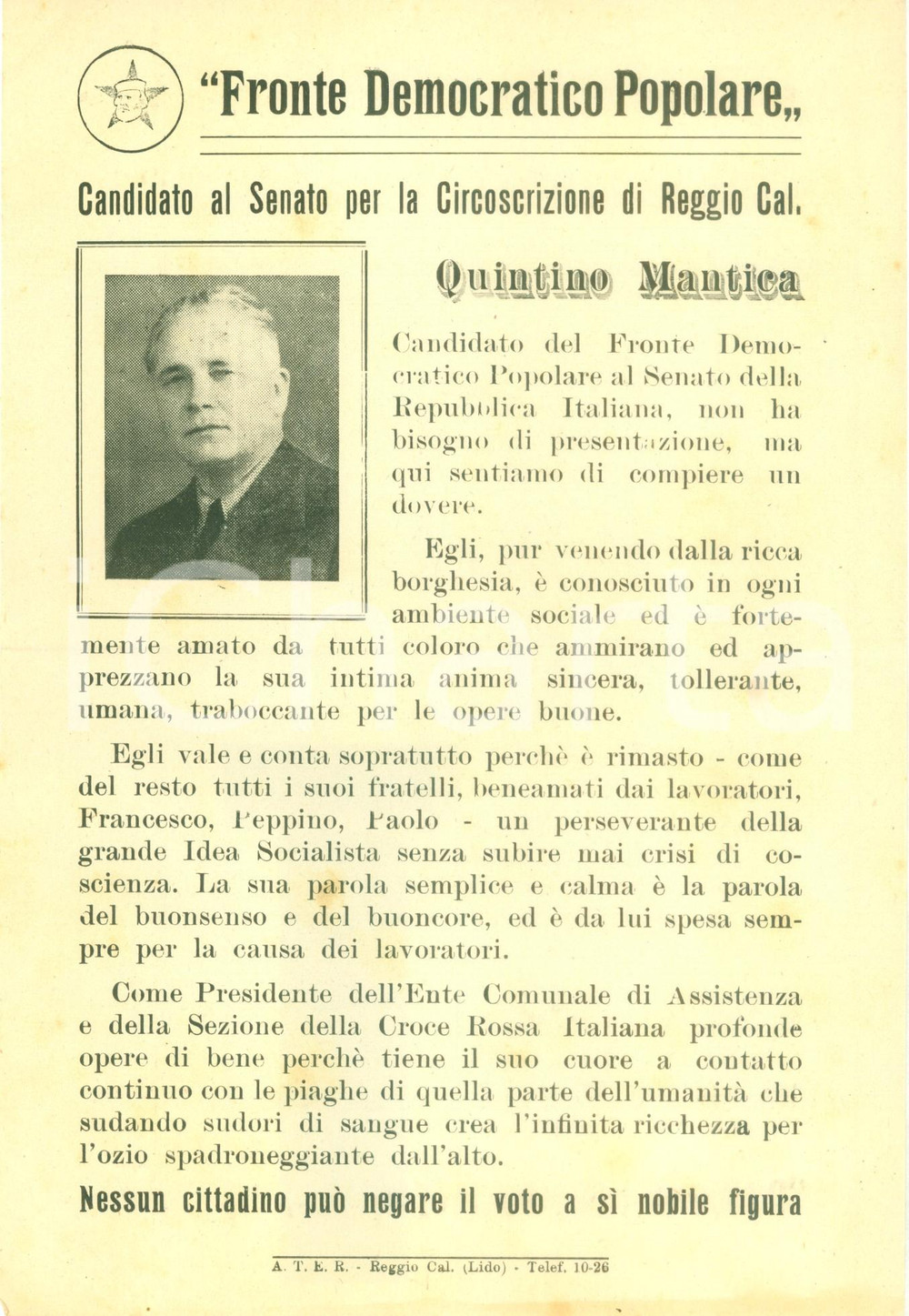 Materiale pubblicitario d’epoca 1948 REGGIO CALABRIA Votate Quintino MANTICA  Fronte Democratico Popolare 1