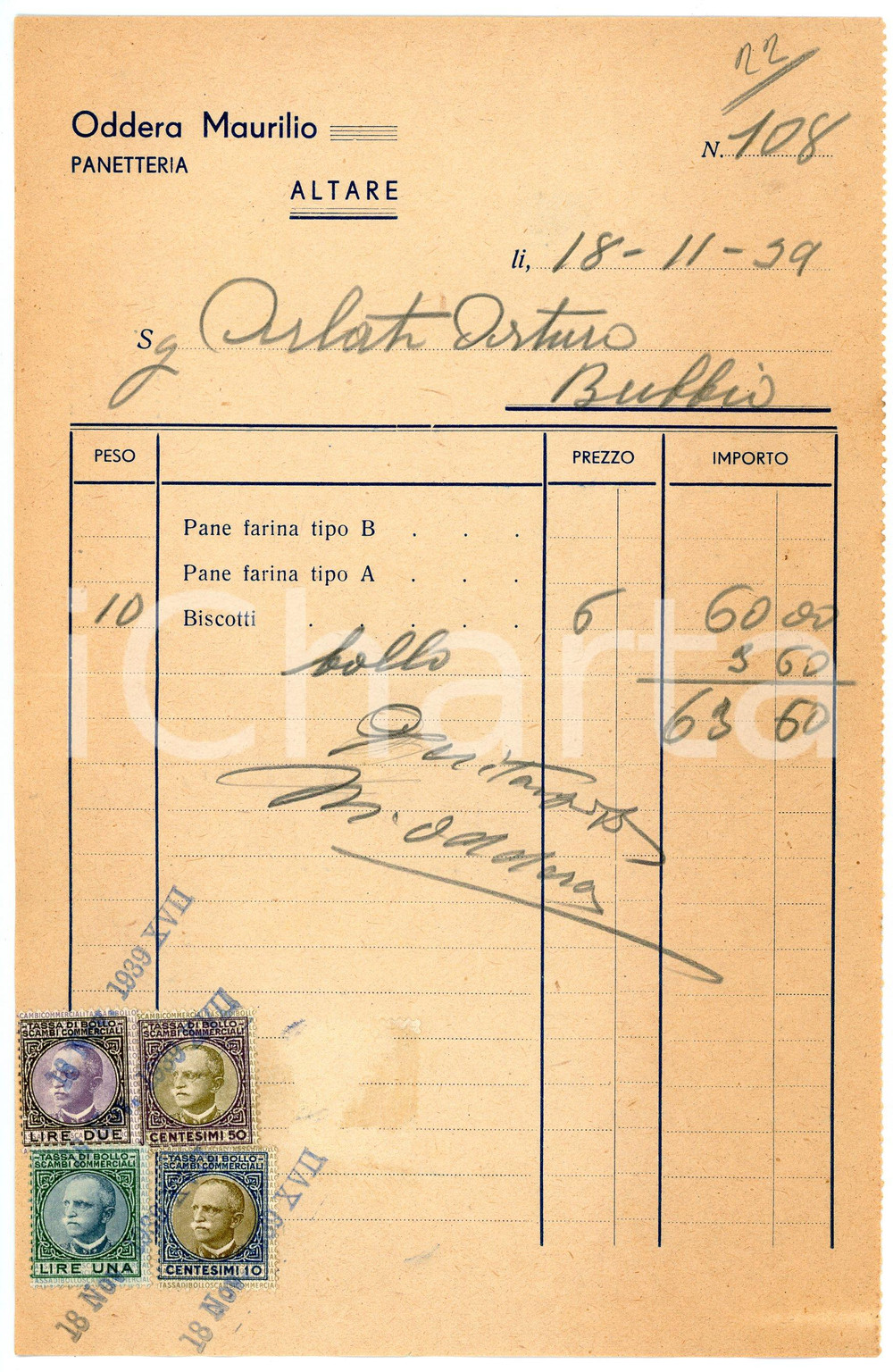 Documento originale, autentico 1939 ALTARE Panetteria Maurilio ODDERA Fattura per biscotti  14x22 cm 1
