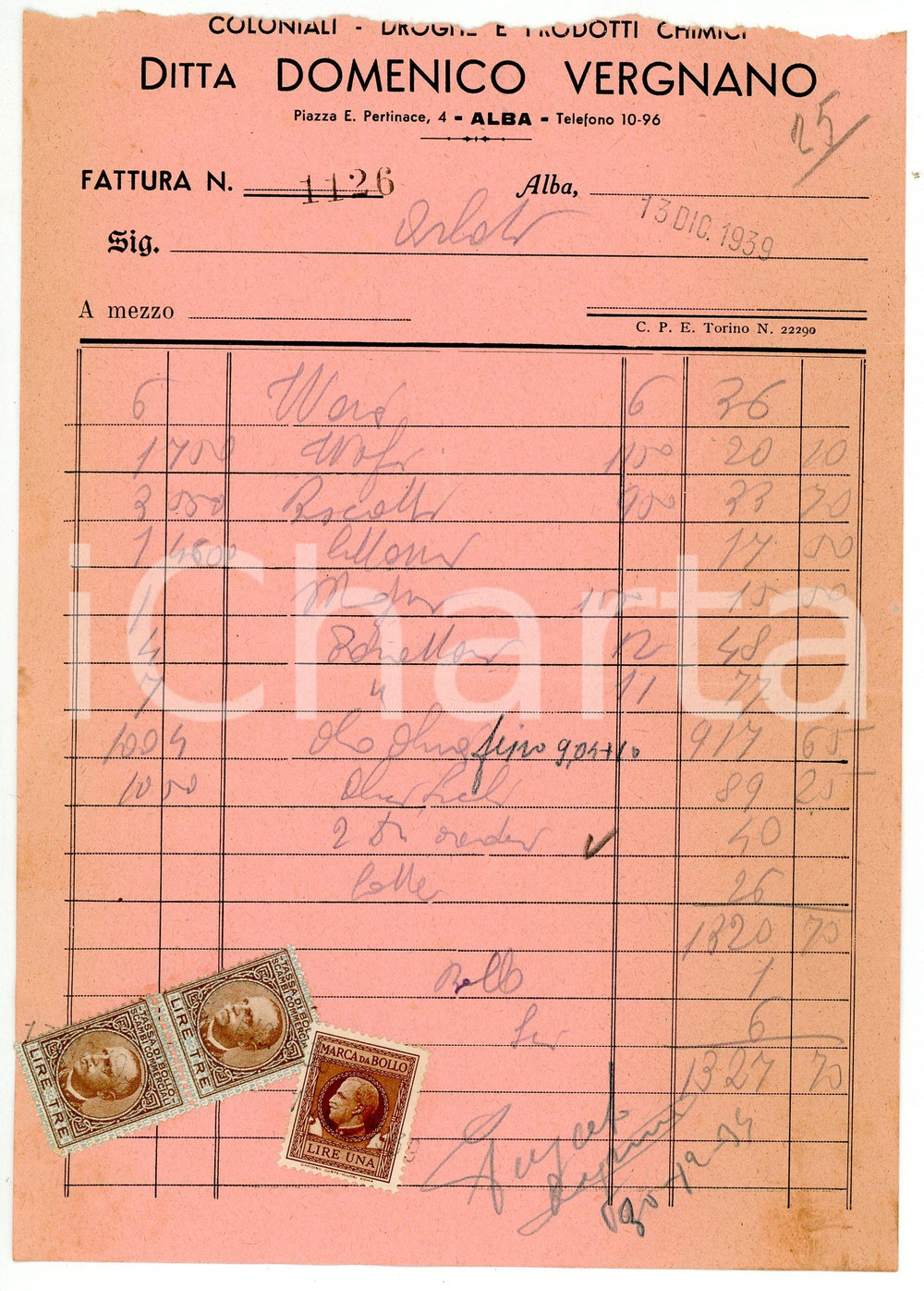 Documento originale, autentico 1939 ALBA Piazza Pertinace  Ditta Domenico VERGNANO Fattura 14x20 cm 1