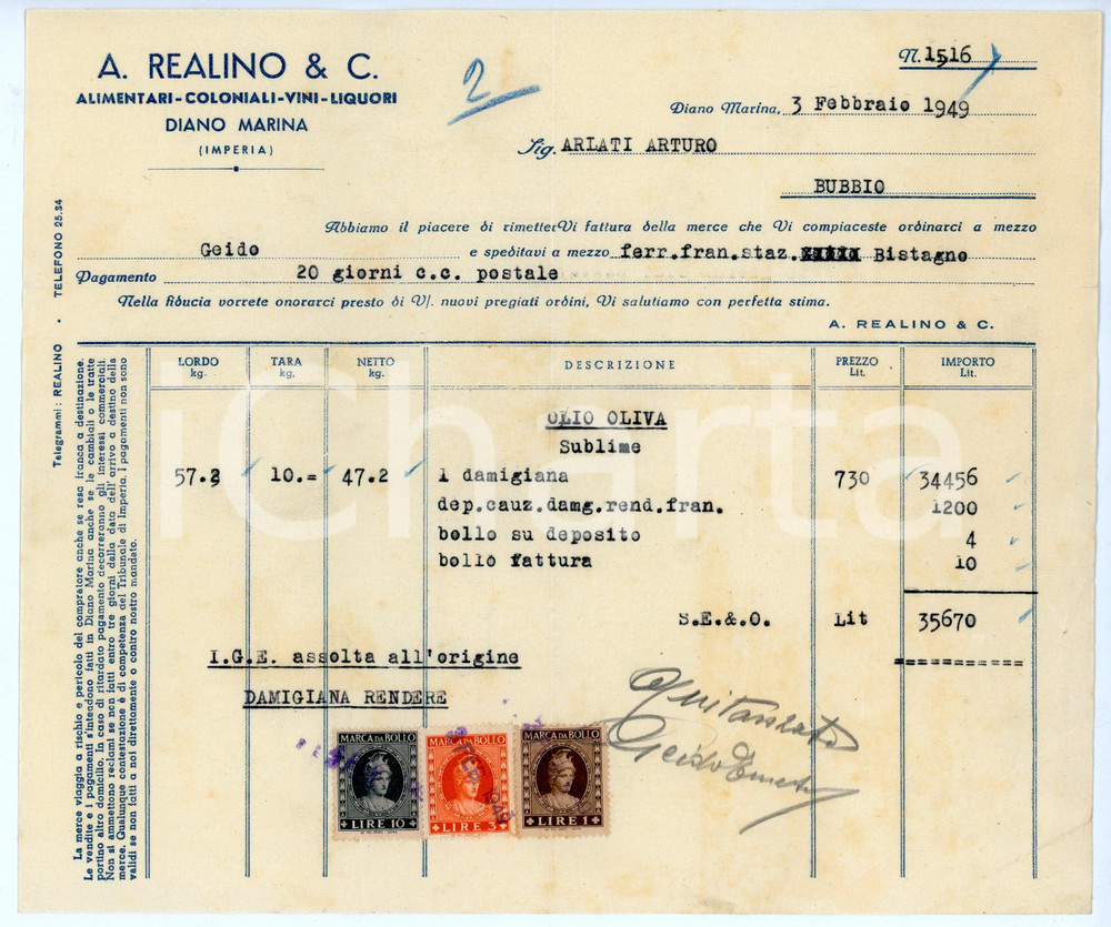 Documento originale, autentico 1949 DIANO MARINA Alimentari A. REALINO Fattura per damigiana d olio  22x19 cm 1