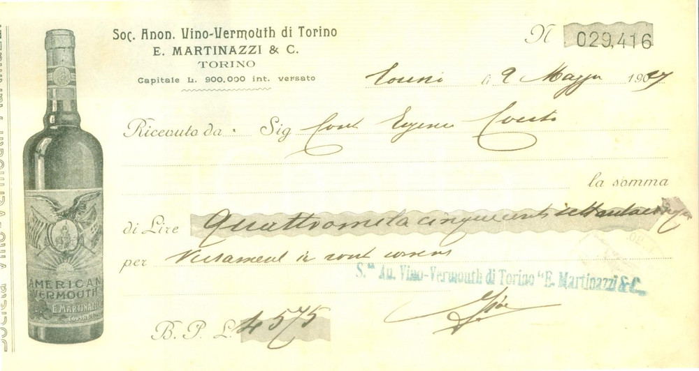 Documento originale, autentico 1927 TORINO Soc. Anonima MARTINAZZI Vino American Vermouth Ricevuta ILLUSTRATA 1
