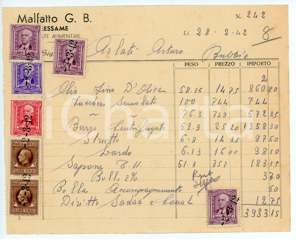 Documento originale, autentico 1942 SESSAME Derrate alimentari G. B. MALFATTO  Fattura per burro  17x13 cm 1